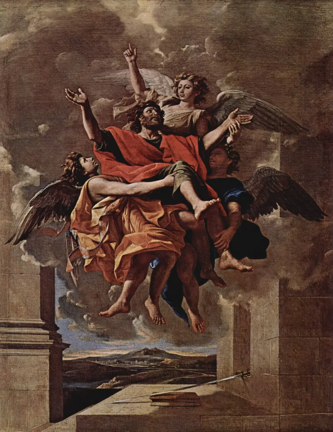 Poussin painting of Paul in a red robe carried upward by angels through the clouds