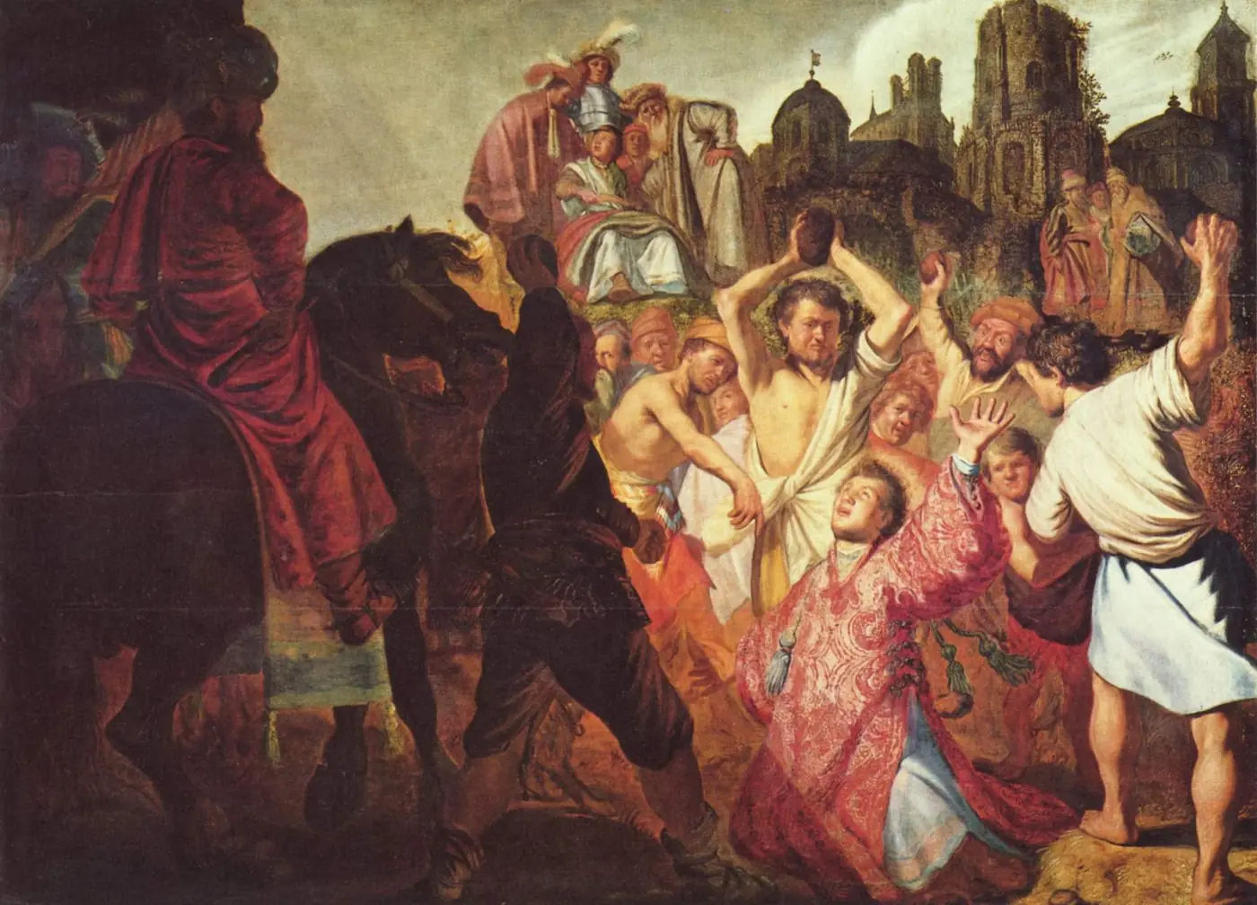 Rembrandt painting of a crowd stoning a kneeling man in red, with onlookers on horseback