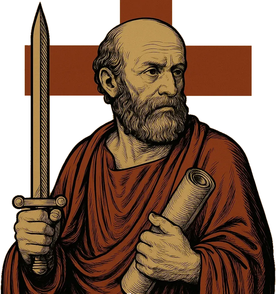 Woodcut-style portrait of Paul of Tarsus, bearded, in a red robe, holding a sword and a scroll before a red cross